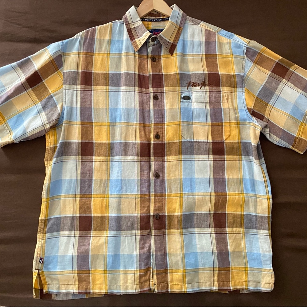 Phat Farm Blue, Yellow, and Brown Plaid Shirt - Picture 9 of 11